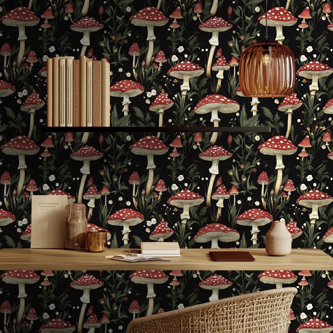 Dark Cottagecore Mushroom Wallpaper | Moody Red Toadstool Forest Print ...