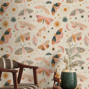 Moth and Celestial Wallpaper: Soft Pastel Peel and Stick
