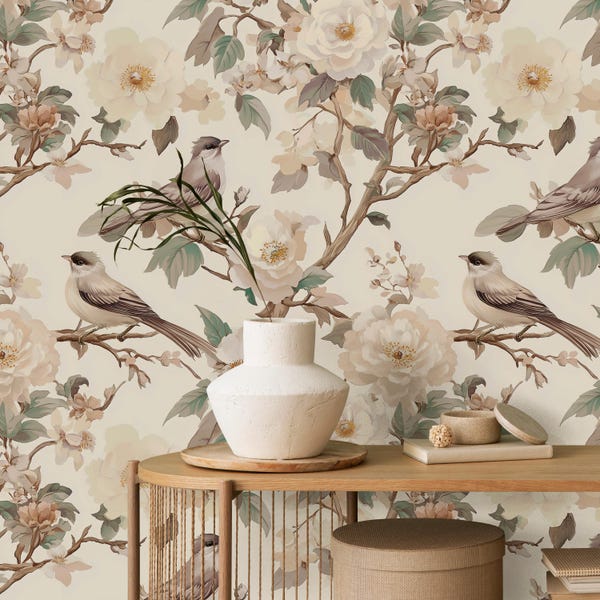 Soft Green Botanical Bird Wallpaper - Vintage Floral Pattern With Birds ...