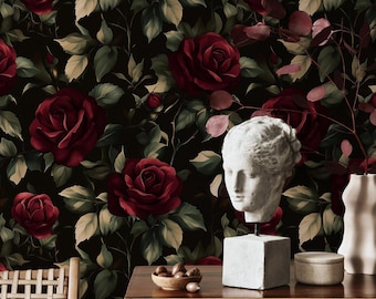 Dark Red Rose Floral Wallpaper: Gothic Peel and Stick Wall Mural