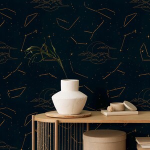 Papier peint constellation céleste - bleu marine avec motif ciel étoilé doré - autocollant ou vinyle pour chambre à coucher, bureau ou salon