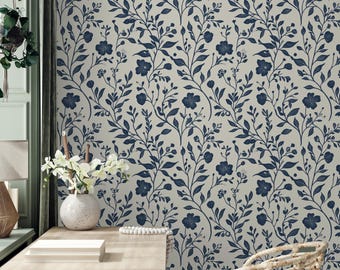 Blue Floral Wallpaper: Vintage Botanical Peel and Stick Wall Mural