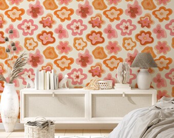 70s Floral Wallpaper: Retro Orange & Pink Peel and Stick Wall
