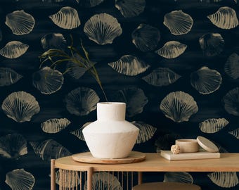 Papel tapiz de conchas oscuras: temática oceánica costera, decoración de pared autoadhesiva