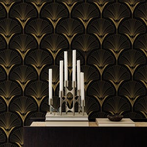 Carta da parati Art Déco nera e oro - Elegante motivo a ventaglio per interni classici moderni - Lussuosa carta da parati staccabile e adesiva o tradizionale
