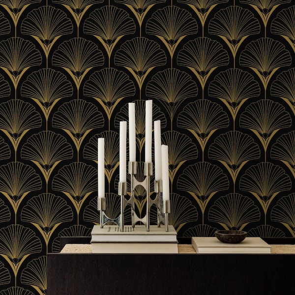 Art Deco Fan Wallpaper: Black and Gold Peel & Stick Wallcovering