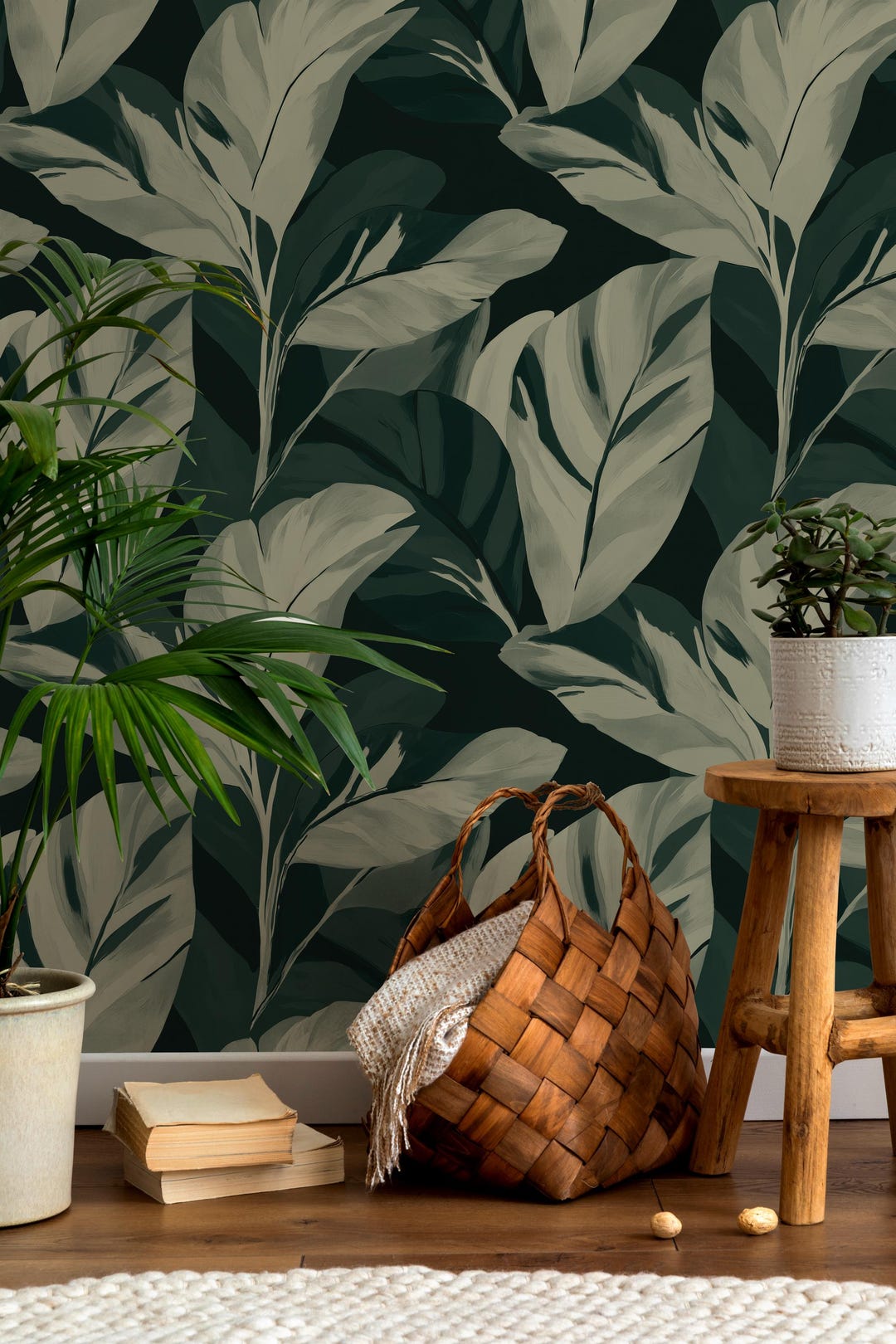 Dark Green Tropical Leaf Wallpaper - Botanical Peel and Stick Mural ...