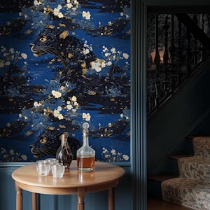 Carta da parati Midnight Panther / Carta da parati murale floreale blu e oro con giungla / Carta da parati adesiva per pareti decorative di camere da letto o studi