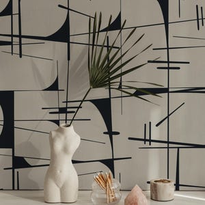 Moderne abstrakte Tapete - minimalistische Linie Kunst, schwarz auf beige, schälen und aufkleben für Wohnzimmer, Büro oder Studio, Wanddeko, selbstklebend