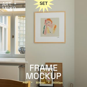 SET - SQUARE framed art print interior mockups, mockup for poster, digital frame mockup, realistic frame mockup, PSD frame mockup