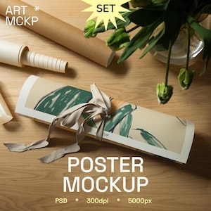 SET - DIN A rolled art print on the table mockup, rolled poster mockup, interior poster mockup, art print  mockup, mockups for poster shop