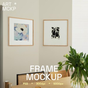 SINGLE - SQUARE two art frames on the wall, living room interior mockup, mockup for poster, digital frame mockup, realistic frame mockup