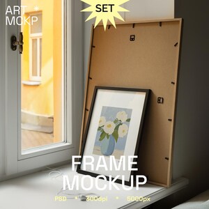 SET - DIN A framed art print on the window mockup, interior mockup, mockup for poster, digital frame mockup, realistic frame mockup