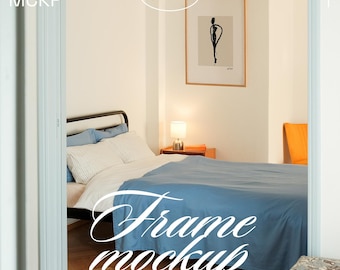 Mockup DIN A-kunstlijst: modern slaapkamerinterieurpostermodel (PSD- + JPG-bestanden)