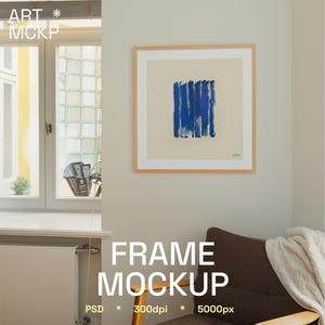 SINGLE - SQUARE art frame on the wall mockup, living room interior mockup, mockup for poster, digital frame mockup, realistic frame mockup