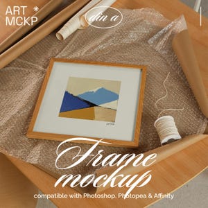 Square Art Frame Mockup - Wood Table, Minimalist (PSD + JPG File)