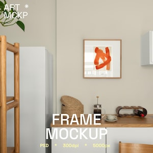 Square Art Frame Mockup: Modern Kitchen Interior (PSD files)