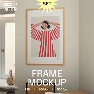 SET - DIN A wood frame art print mockup, art on the wall interior mockups, mockup for poster, digital frame mockup, realistic frame mockup