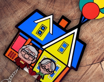 Porte-clés de film en bois fait main, Carl et Ellie, Disney Pixar