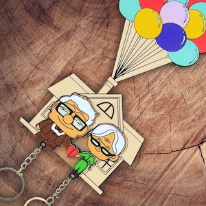 Wooden Up Movie Key Holder, Carl and Ellie, Disney Pixar Wall Decoration, Special Design for Couples, Handmade Up Keychains, Balloon House.