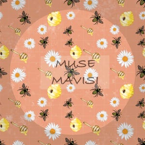 Bumblebee Daisy Seamless Pattern, Hand Drawn, Download Digital Paper, Sublimation Fabric Surface Design, Printable Digital Design