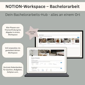 May include: A digital Notion workspace template for bachelor thesis management displayed on two screens. The text reads NOTION-Workspace - Bachelorarbeit, Dein Bachelorarbeits-Hub - alles an einem Ort, Alle Phasen von Themenfindung bis Abgabe in einem Workspace, Lebendige Datei, Voll anpassbar, du gestaltest deinen Workspace, Zentrale Datenbanken für Quellen, Aufgaben, Zeitplan uvm.