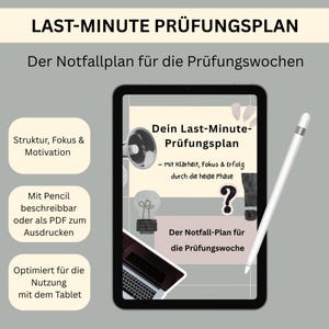 Könnte beinhalten: Ein Tablet-Computer mit einem deutschen Lernplan namens "Last-Minute Prüfungsplan". Der Plan enthält Abschnitte zu Struktur, Fokus und Motivation und ist für die Tablet-Nutzung optimiert. Ein weißer Stift liegt daneben.