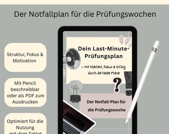 Peut inclure: Une tablette numérique affichant un plan d'étude en allemand intitulé "Last-Minute Prüfungsplan". Le plan comprend des sections sur la structure, la concentration et la motivation, et est optimisé pour une utilisation sur tablette. Un stylet blanc est posé sur le côté.