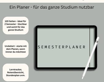 Pode incluir: Um planejador semestral digital com o texto "DIGITALER SEMESTERPLANER - greenie" no topo. O planejador é exibido em um tablet com uma caneta. O texto "SEMESTERPLANER" está escrito na tela do tablet. Texto adicional descreve os recursos do planejador.