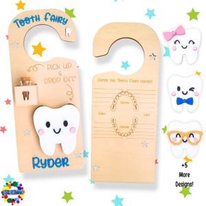 May include: Two light-colored wooden door hangers for the Tooth Fairy. One features a small glass jar, a white tooth cutout, and the text "Tooth Fairy," "Pick up & drop off," and "Ryder." The other has a chart labeled "Dates the Tooth Fairy visited!"