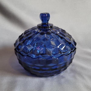 Vintage Cobalt Blue Glass Candy Dish | Indiana Glass Whitehall | 1960s 1970s | Cube Cubist Art Deco Style | Lidded Dish | MCM Retro Decor
