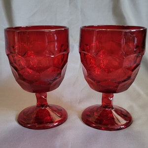 Vintage Viking Glass Water Iced Tea Goblets | Set of 2 | Ruby Red Georgian Pattern Honeycomb | MCM Glasses Glassware Stemmed Dining