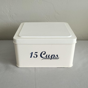 Vintage Square Metal Enamel Canister Storage "15 Cups" | White Blue | Farmhouse Kitchen Grannycore Country Retro | Stackable Kitchen Storage