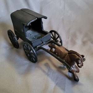Vintage Cast Iron Trotting Horse Drawn Buggy Wagon Carriage |Antique Toy |Primitive Style |8.5&quot; Long |No driver |Kids in back |Hand Painted