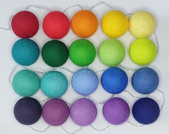 Cotton Ball Fairy Lights Multicolored Rainbow, 10 20 30 LED, Battery operated, String light, Ball Garland, Night Lamp
