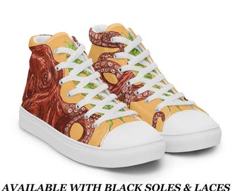 Octopus Print Canvas High-Tops Casual Sneakers Ocean Theme Athleisure Kicks Trendy Teen Shoes Unique Printed Sea Creature Print Casual