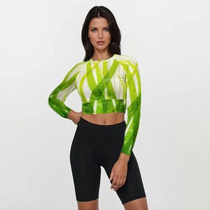 Long Sleeve Crop Top UPF 50 Athletic Wear Summer Workout Clothing Seaweed Print Fitness Sport Top Yoga Top Swim Top Bathing Suit Rash Guard