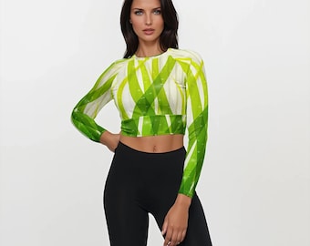 Long Sleeve Crop Top UPF 50 Athletic Wear Summer Workout Clothing Seaweed Print Fitness Sport Top Yoga Top Swim Top Bathing Suit Rash Guard