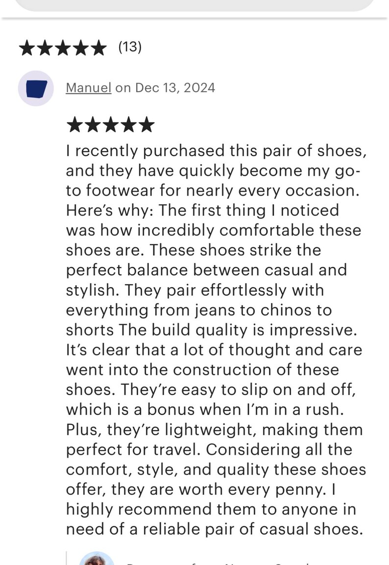 May include: Five-star review of a pair of shoes. The reviewer states that the shoes are comfortable, stylish, and perfect for everyday wear. They are easy to slip on and off, making them ideal for busy days. The reviewer also mentions that the shoes are lightweight and perfect for travel.