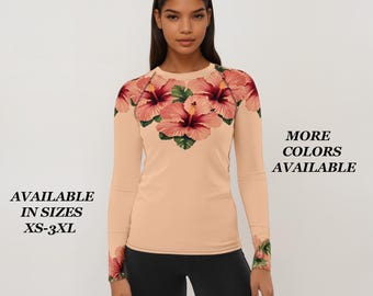 Moisture Wicking Athletic Shirt Tropical Print Sun Protection Long Sleeve Beach Workout Top UPF 50 Swimming Coverage Sport Surf Rash Guard