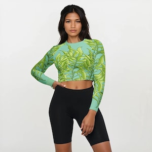 Cropped Athletic Shirt UPF50 Sun Protection Beach Wear Swimwear Seaweed Pattern Swim Shirt Sun Crop Top Athletic Wear Yoga Top Paddle Board