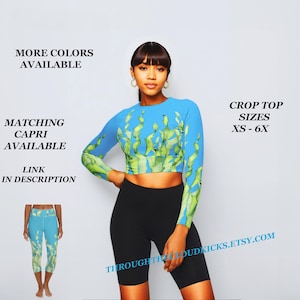 Teal Workout Top Ocean Print Athletic Crop Top Sun Protection Long Sleeve Fitness Top Beach Cover Up Eco Friendly Coastal Sport Yoga Active