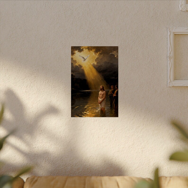 Póster del Bautismo de Jesús / Paloma descendiendo al Jordán, Mateo 3:16. Arte mural cristiano, lámina de regalo para bautizo. imagen 4