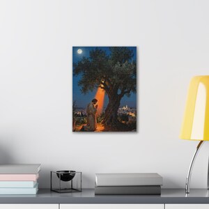 Garden of Gethsemane Canvas Wall Art | Luke 22:41 Jesus Praying at Night, Not My Will Painting, Christian Gift Bild 3