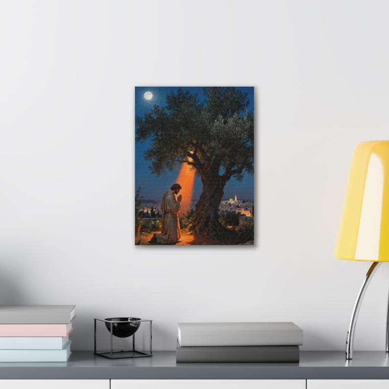 Garden of Gethsemane Canvas Wall Art | Luke 22:41 Jesus Praying at Night, Not My Will Painting, Christian Gift Bild 3