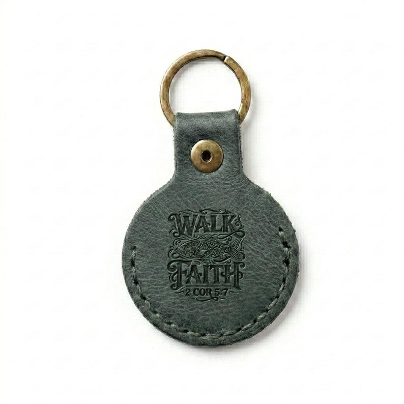 Walk by Faith Leather AirTag Keychain — Christian Gift, Full-Grain Cowhide, Eden Green image 3