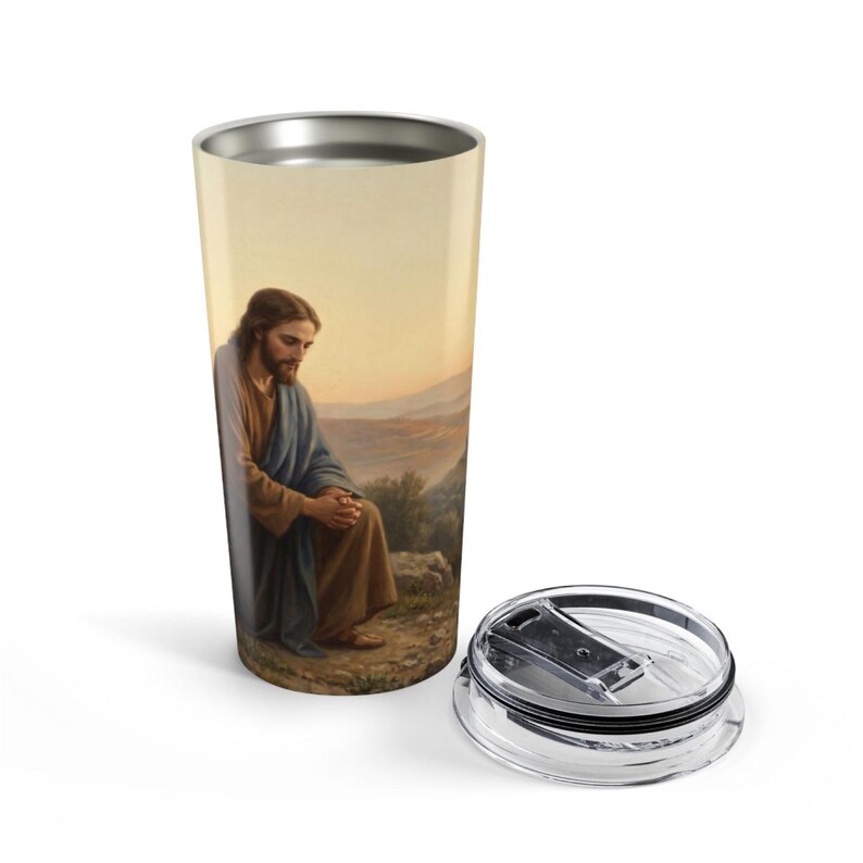 Jesus Praying 20 oz Stainless Steel Tumbler: Christian Wraparound Art image 3