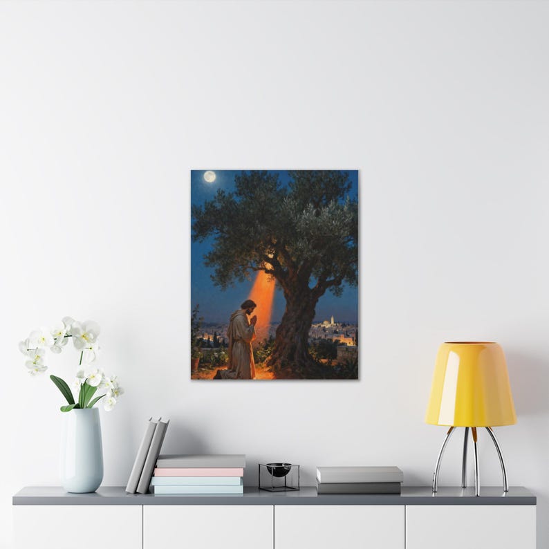 Garden of Gethsemane Canvas Wall Art | Luke 22:41 Jesus Praying at Night, Not My Will Painting, Christian Gift Bild 11