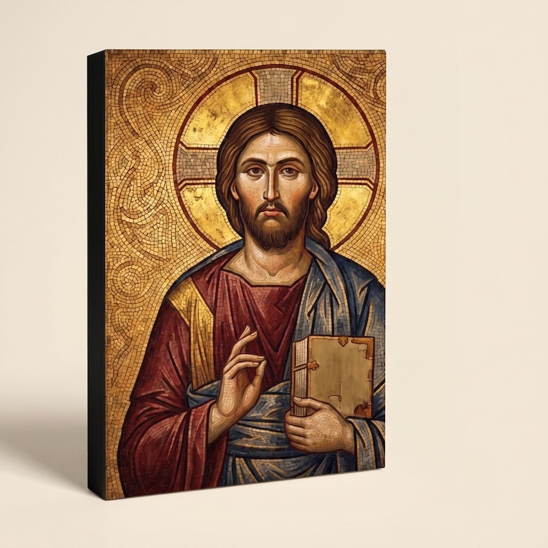Icona di Cristo Pantocratore su tela tesa / Opera d'arte religiosa da parete immagine 6
