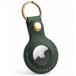 Hunter Green Leather AirTag Keychain Holder, Crazy Horse Key Ring, Hand-Stitched Snap Closure